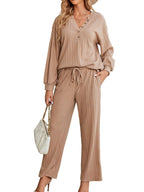 Sarah Express Women's Ribbed Knit Top and Pants Lounge Set with Button Detail