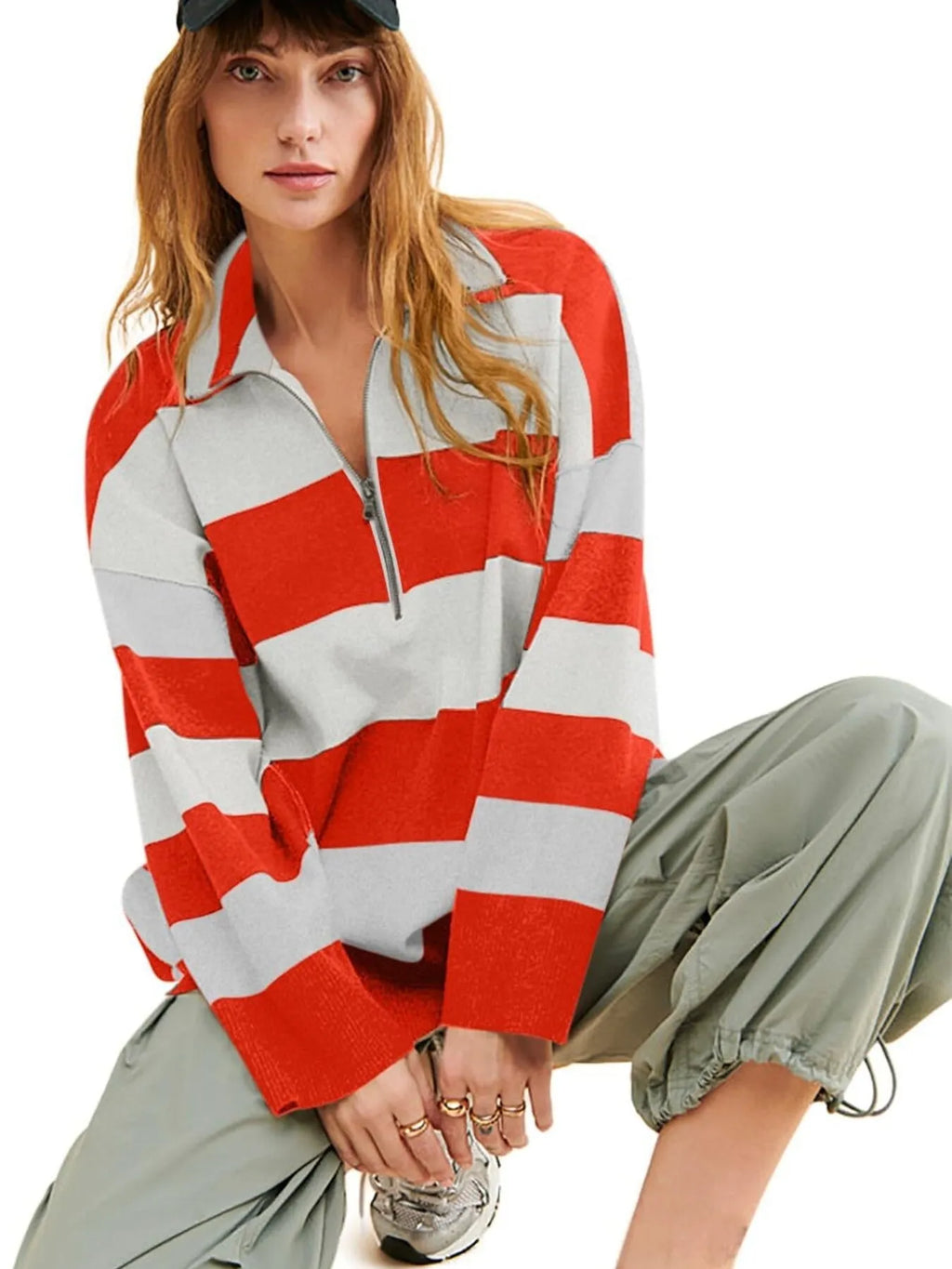 Sarah Express Women's Striped Half-Zip Oversized Sweatshirt - Retro Color Block Pullover
