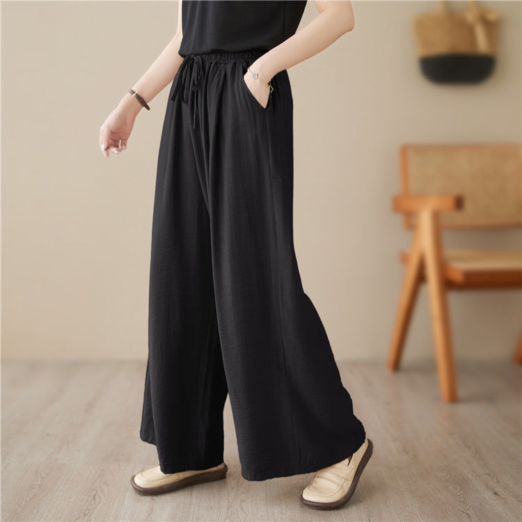 Women's Plus Size Wide Leg Pants Elastic Waist Straight Cotton Casual Trousers