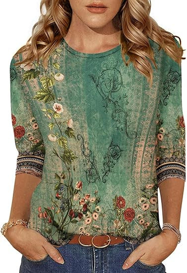 Women's Three-Quarter Sleeve Floral Print T-Shirt Top