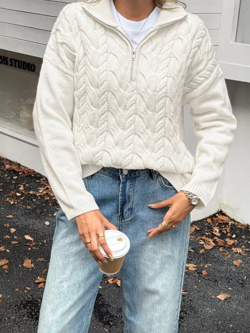 Sarah Express Women's Zip Collar Cable-Knit Sweater