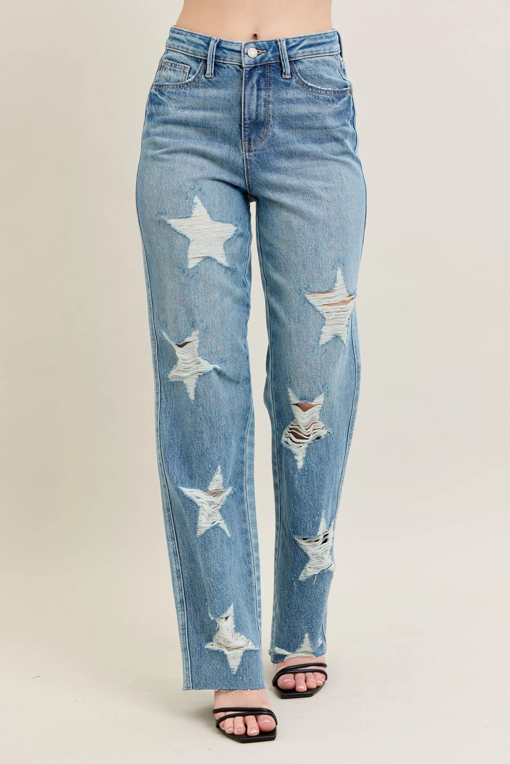 Sarah Express Women’s Plus Size High Rise 90's Straight Jeans with Star Destroy
