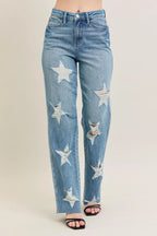 Sarah Express Women’s Plus Size High Rise 90's Straight Jeans with Star Destroy
