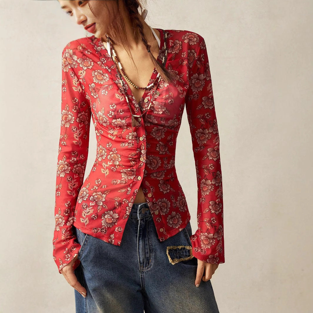 Women's Floral Print Long Sleeve Slim Fit Button-Down Cardigan Shirt