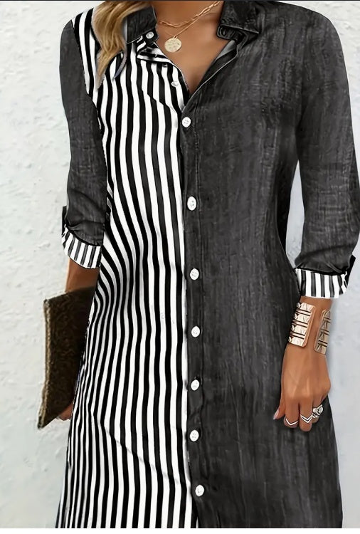 Striped Color Block Shirt Dress Long Sleeve