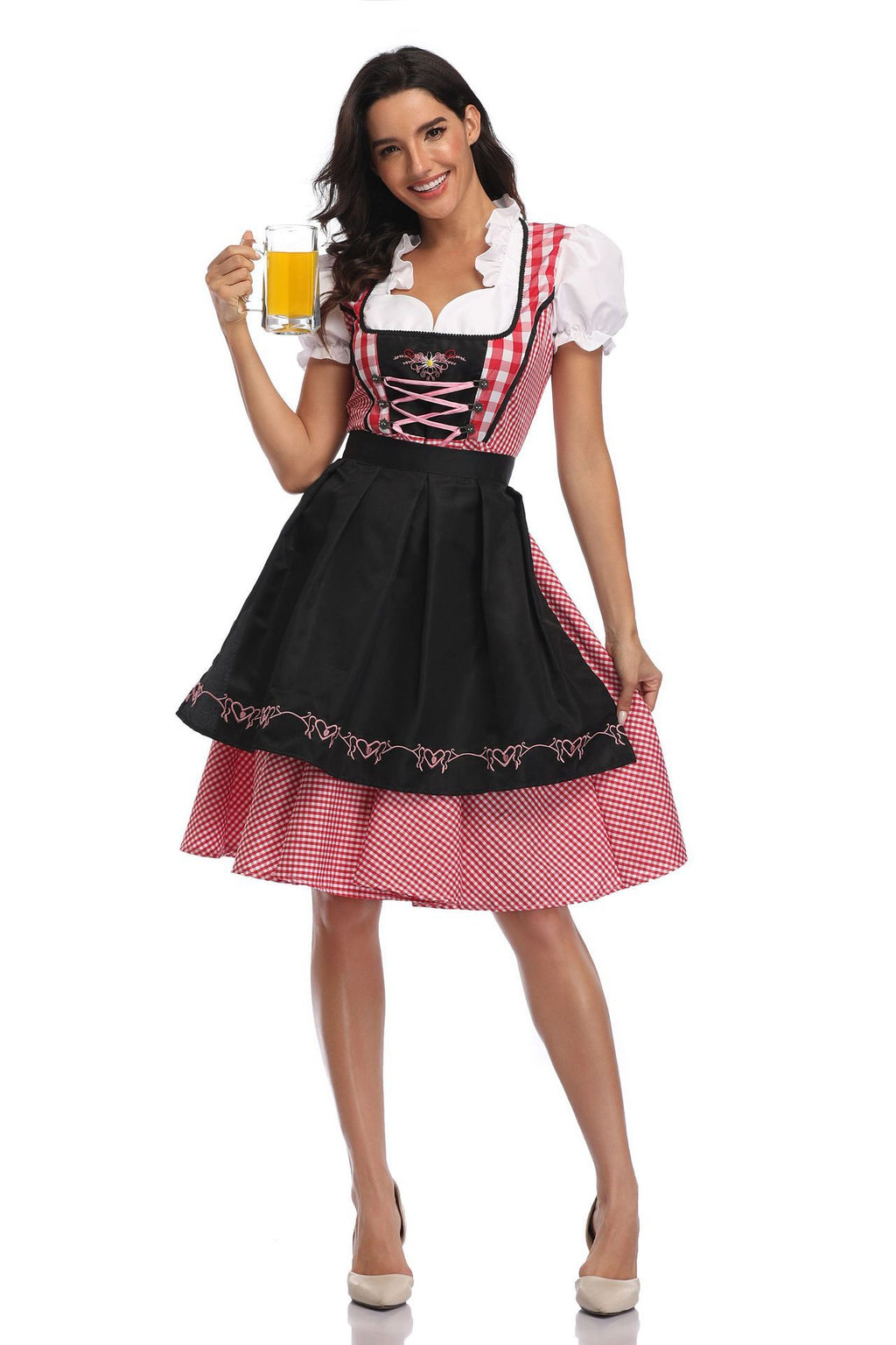 Women's Oktoberfest Dirndl Costume Bavarian Dress with Apron and Ribbon