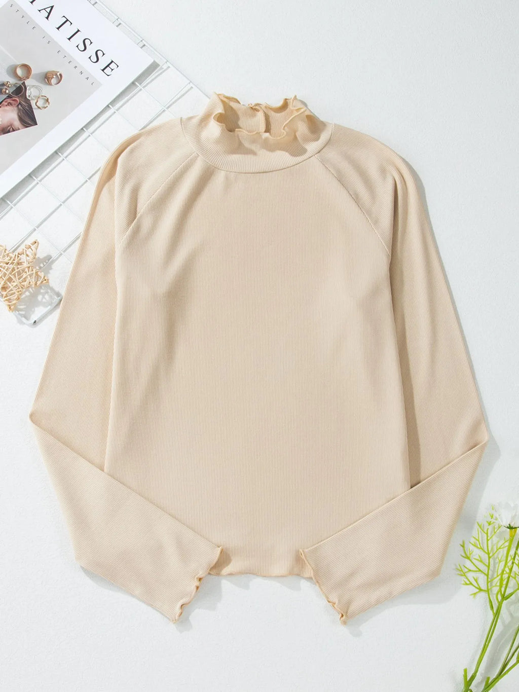 Sarah Express Women's Ribbed Knit Lettuce Trim Mock Neck Long Sleeve Top