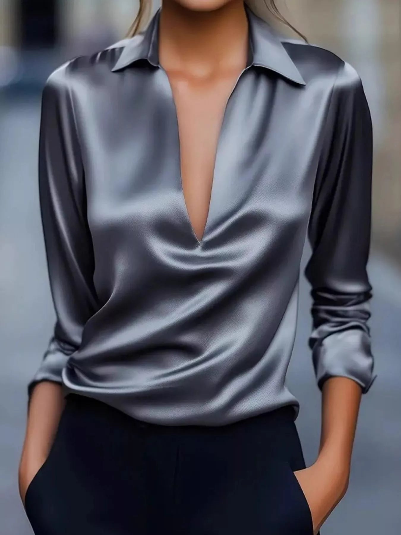 Sarah Express Women's Satin Johnny Collar Long Sleeve Blouse Dark Gray