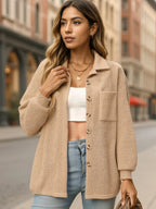 Sarah Express Women's Waffle Knit Button-Down Shirt Apricot