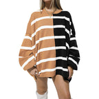 Women's Striped Knit Sweater Long Sleeve Pullover Loose Fit Acrylic