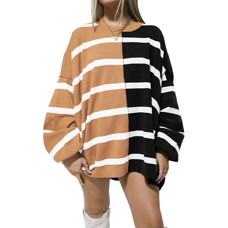 Women's Striped Knit Sweater Long Sleeve Pullover Loose Fit Acrylic