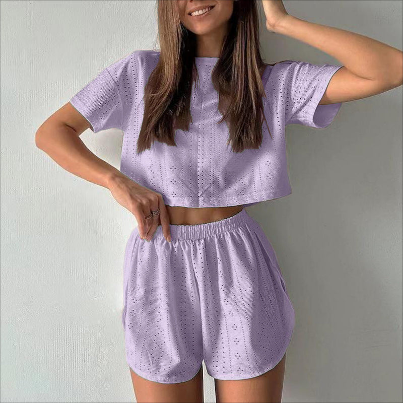 Women's Two-Piece Hollow Crop Top Shorts Set Athleisure