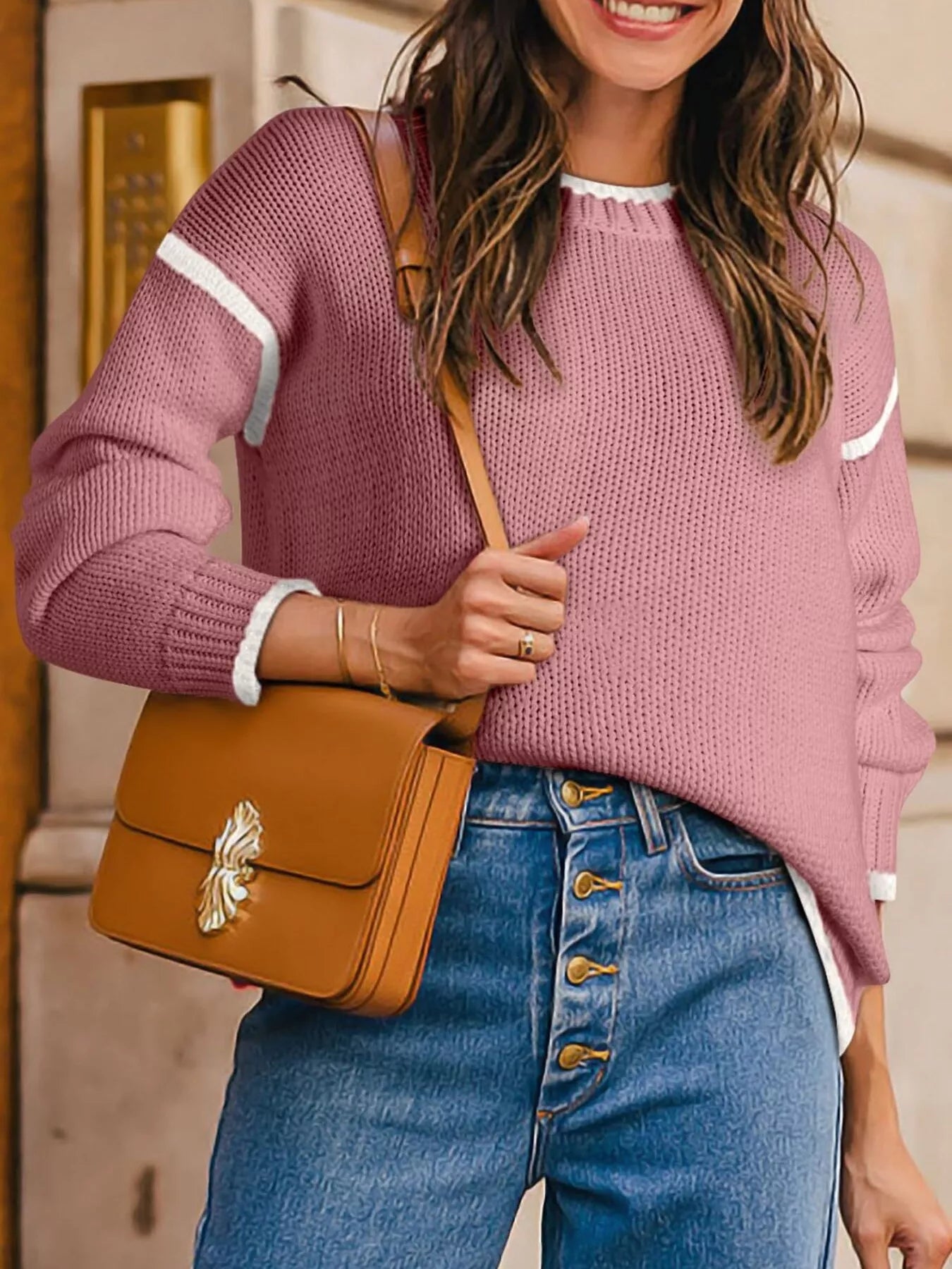 Sarah Express Women's Contrast Trim Long Sleeve Sweater Pink