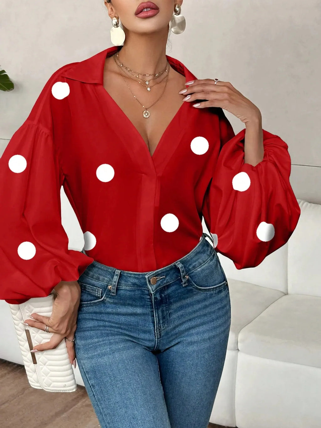 Sarah Express Women's Polka Dot Balloon Sleeve Blouse - Oversized Button-Up Top