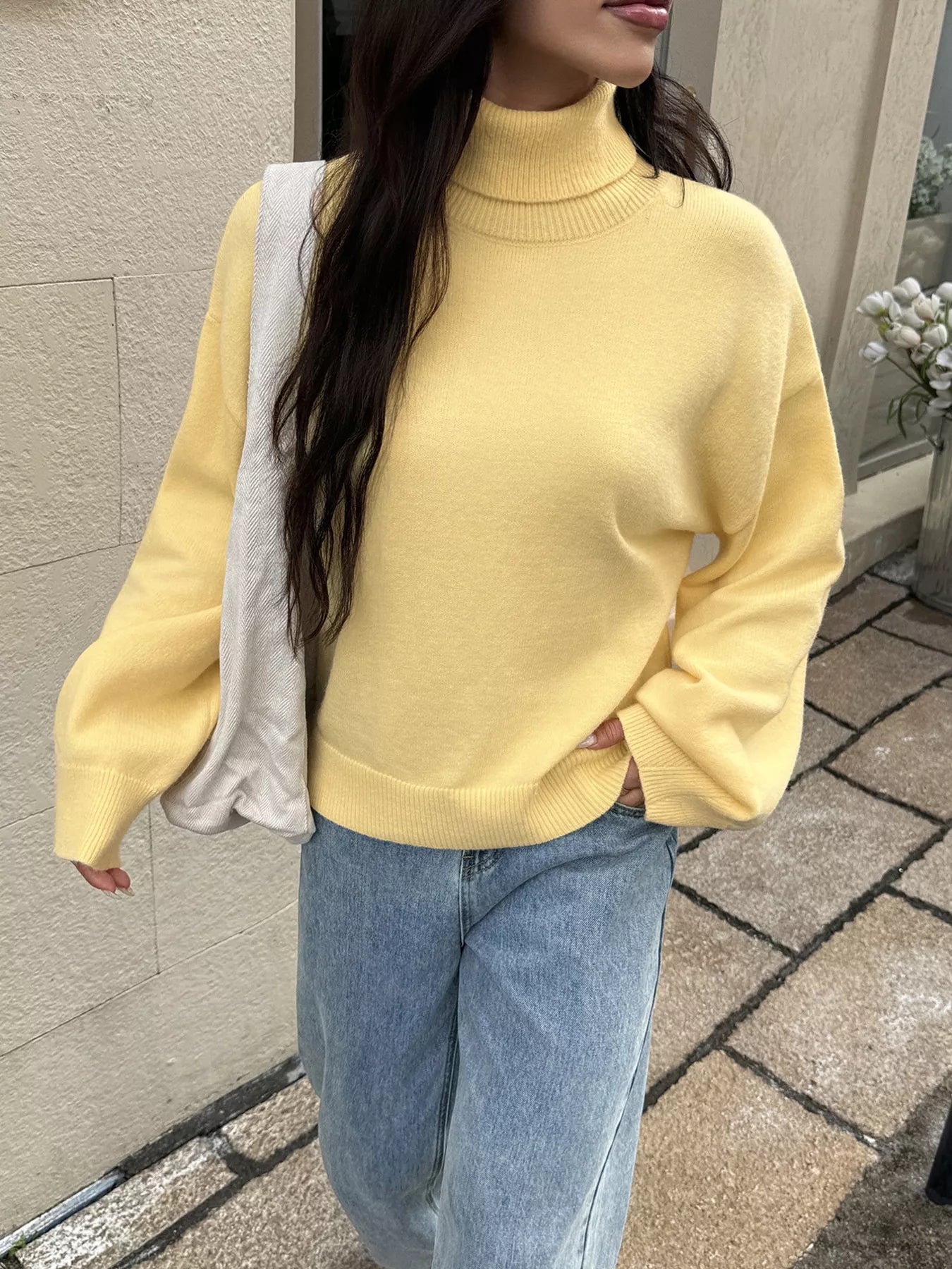 Sarah Express Women's Turtleneck Long Sleeve Sweater - Ribbed Knit Pullover Light Yellow
