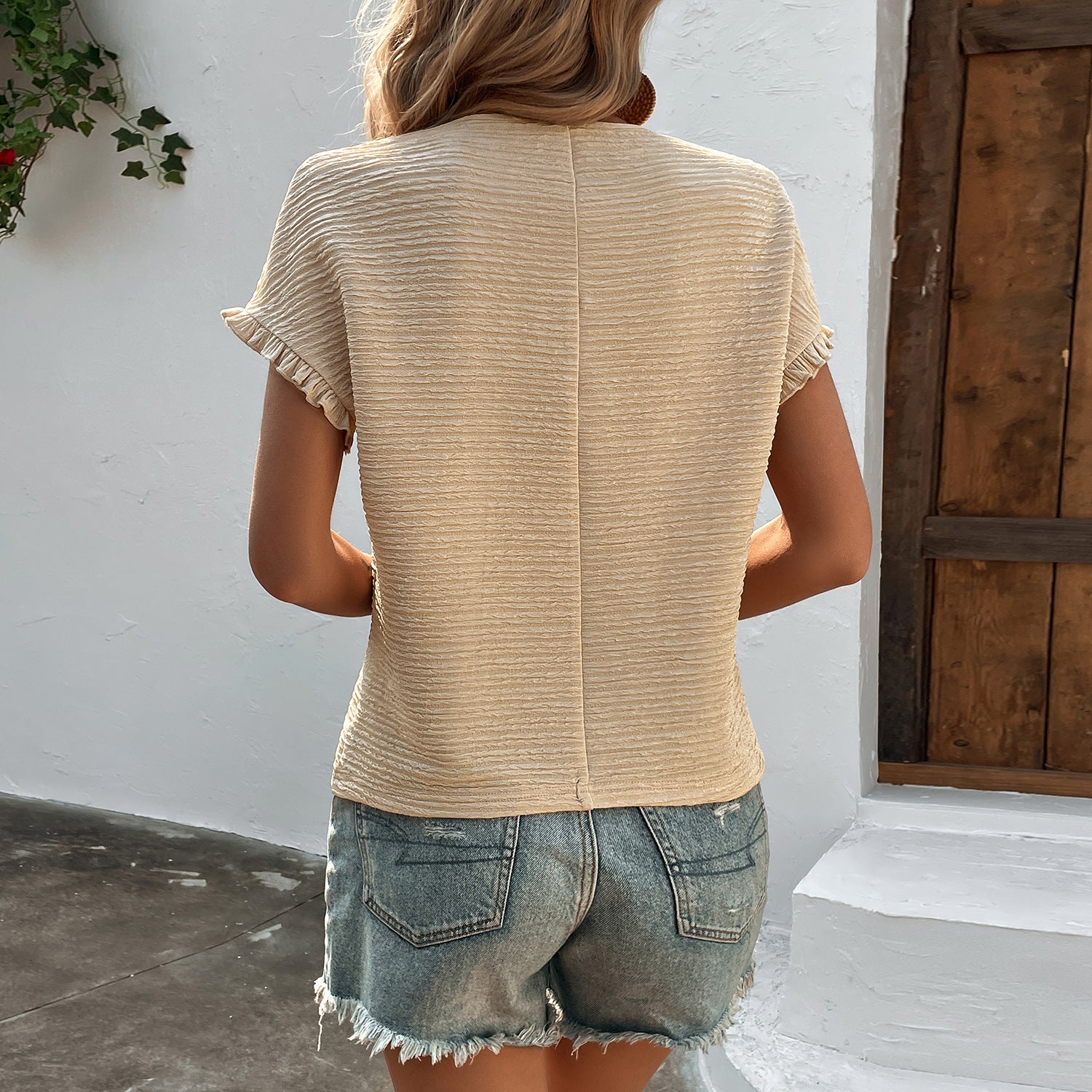 Women's Ruffle Sleeve Knit Top Round Neck Short Sleeve