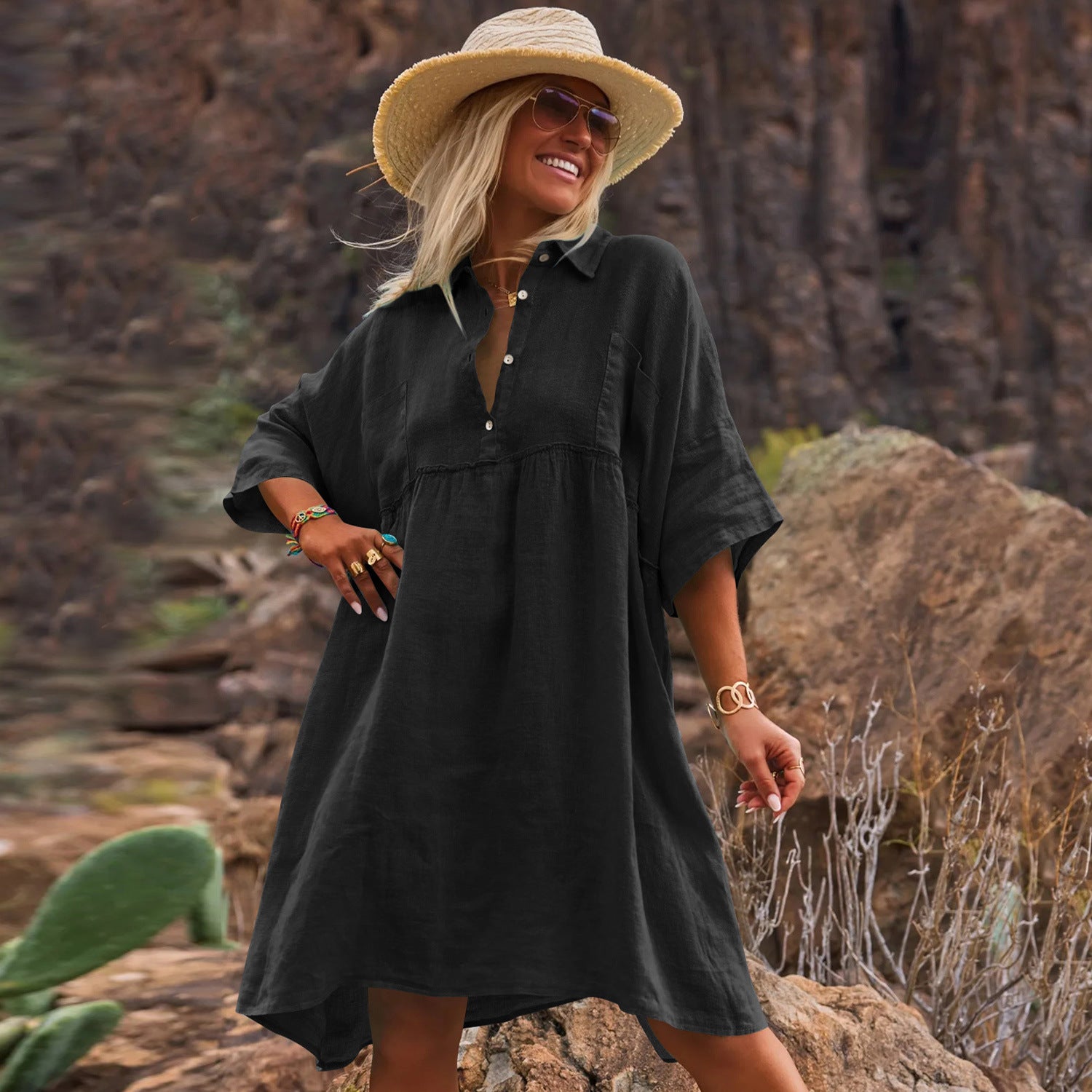 Women's Artistic Button Midi Dress Short Sleeve