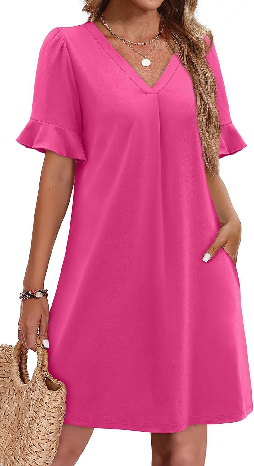 Women's V-Neck Ruffled A-Line Dress with Pockets Vacation Casual Short Sleeve