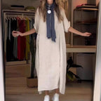 Sarah Express Women's Loose Cotton Linen Maxi Dress Short Sleeve Casual Relaxed Fit
