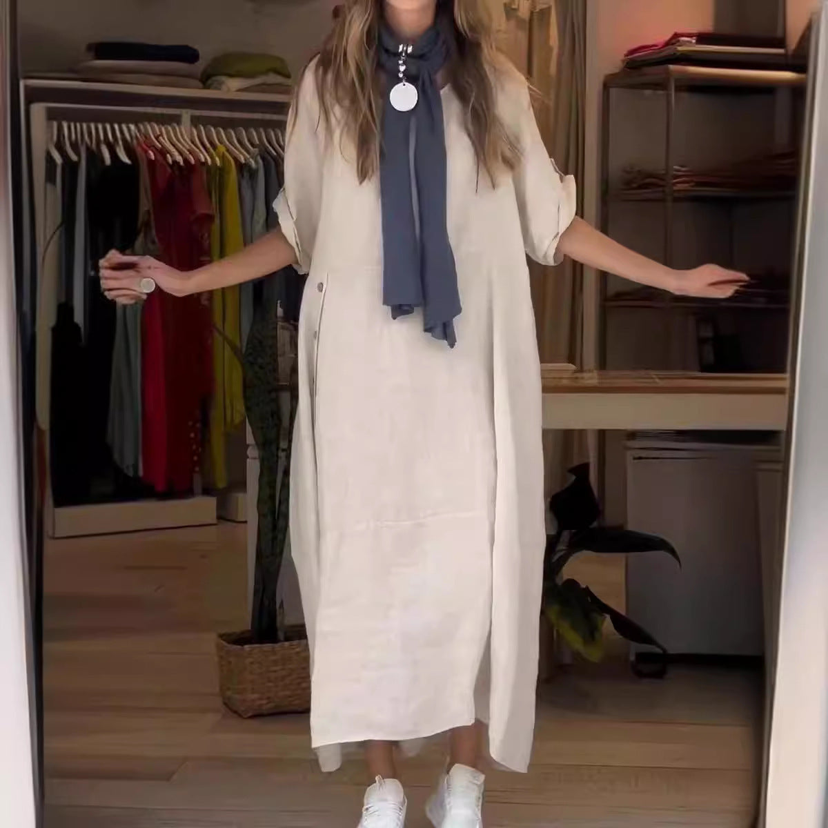 Sarah Express Women's Loose Cotton Linen Maxi Dress Short Sleeve Casual Relaxed Fit
