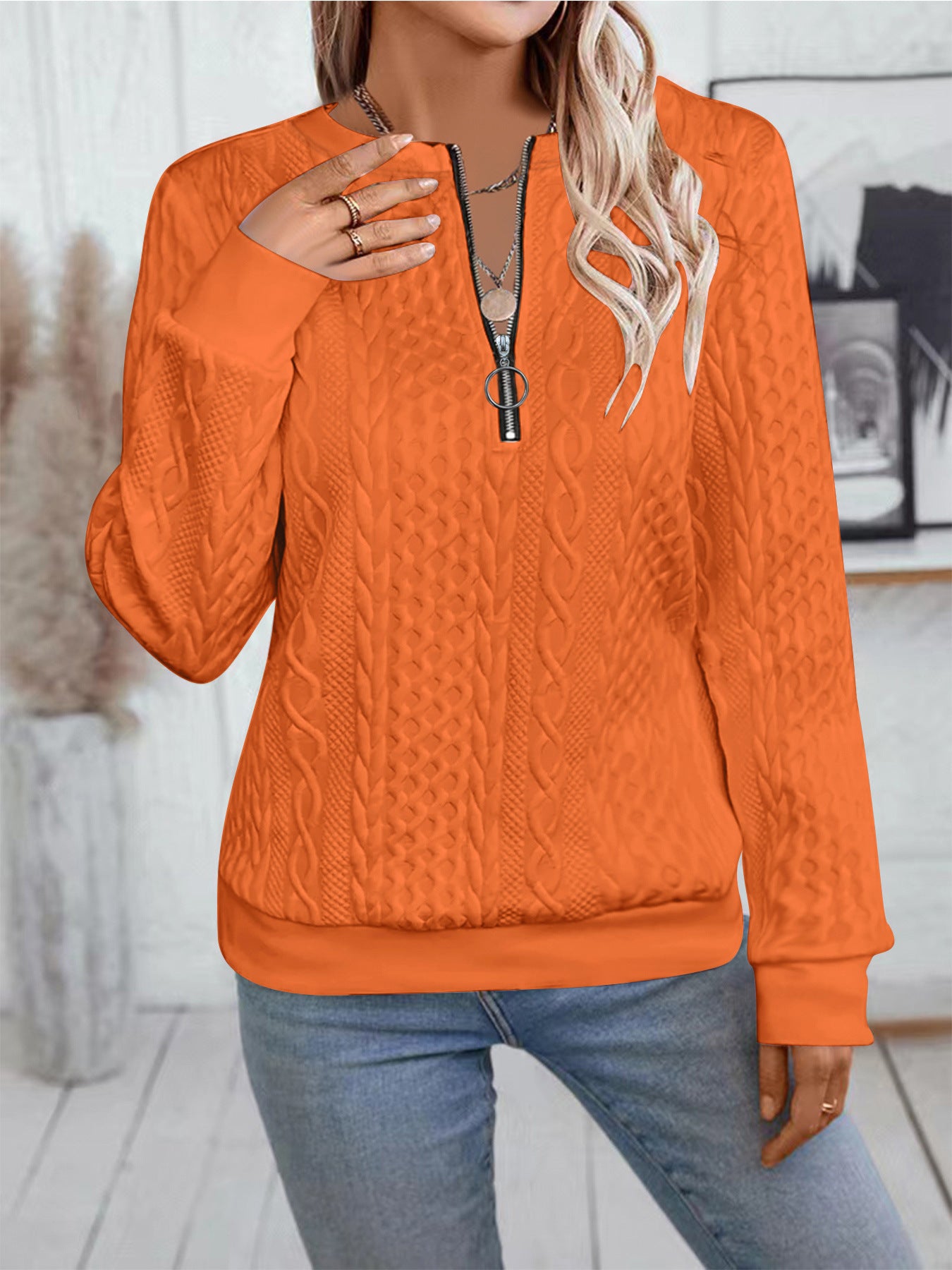 Women's Zipper Detail Long Sleeve Sweater Casual Loose Fit Pullover Top