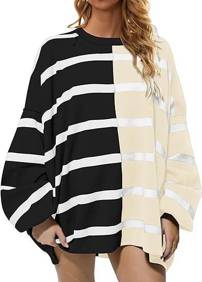 Women's Striped Knit Sweater Long Sleeve Pullover Loose Fit Acrylic