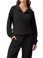 Sarah Express Women's Zip Collar Dropped Shoulder Top and Pants Set