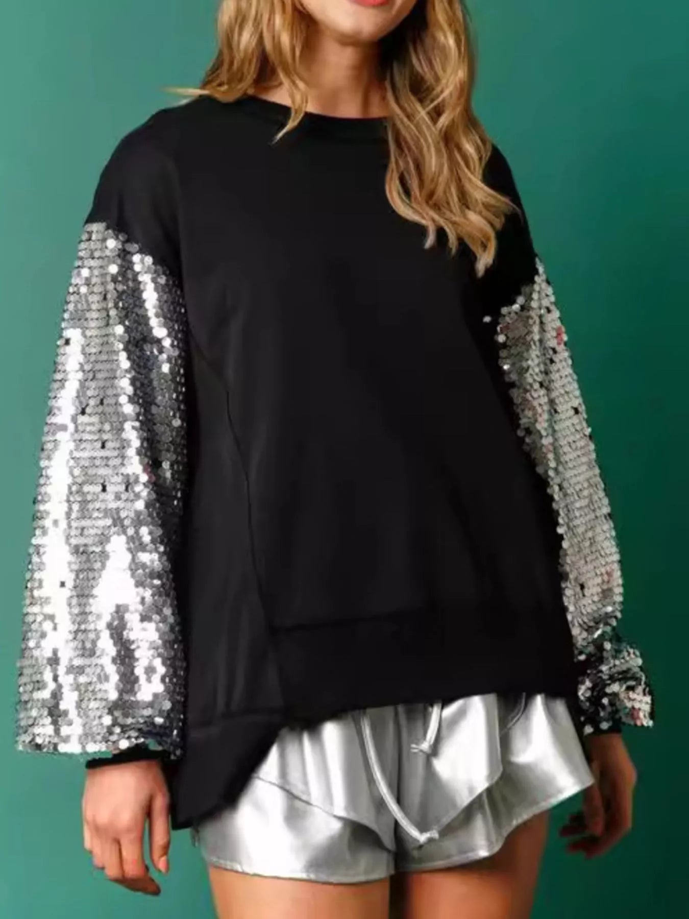 Sarah Express Women's Sequin Long Sleeve Round Neck Sweatshirt - Oversized Sparkle Top Silver