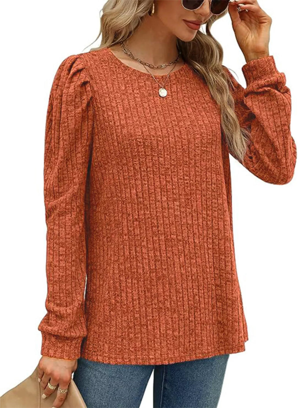 Sarah Express Women's Ribbed Knit Top with Puff Sleeves