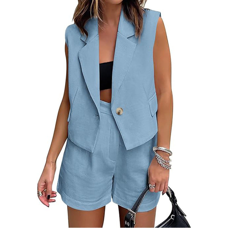 Sleeveless Button Vest High-Waist Shorts Two-Piece Set
