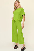 Sarah Express Women's Textured Round Neck T-Shirt and Wide Leg Pants Set