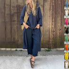 Two Piece Outfit V-Neck Tunic Top Wide Leg Pants Set Women's