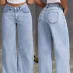 Women's High-Waist Straight Leg Jeans - Distressed Cotton Denim Loose Fit