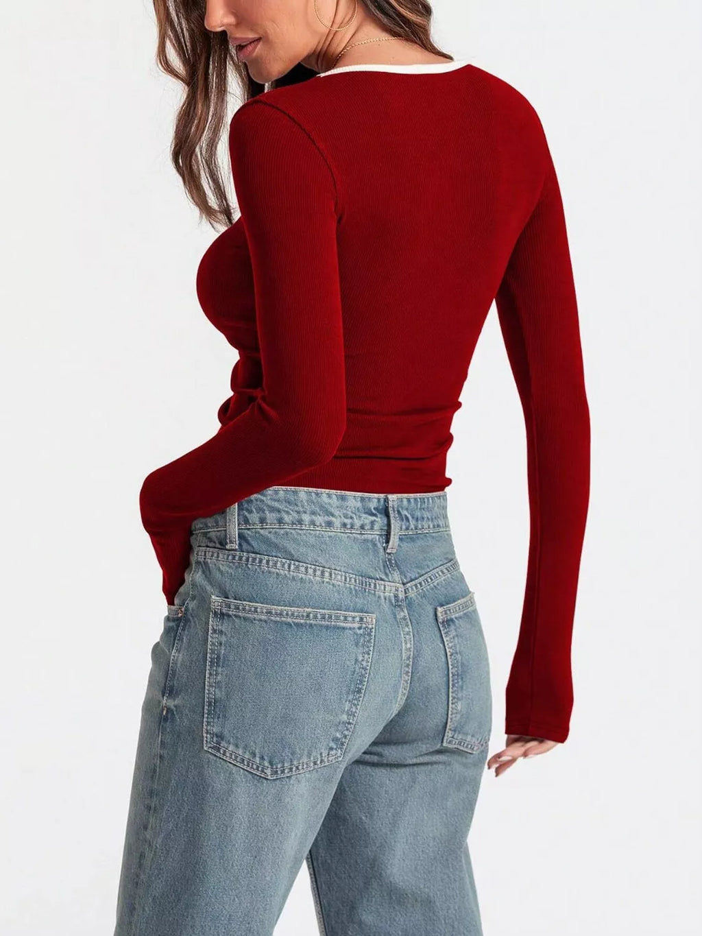 Sarah Express Women's Contrast Trim Long Sleeve Top