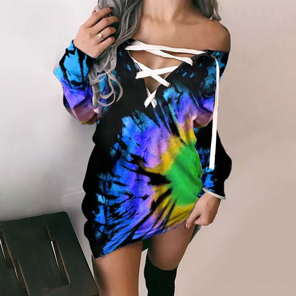 Women's Off-Shoulder Graffiti Print Lace-Up Long Sleeve Top