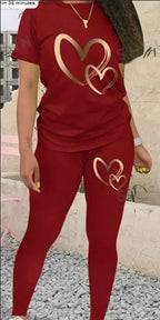 Women's Heart Print T-Shirt Leggings Matching Set Short Sleeve