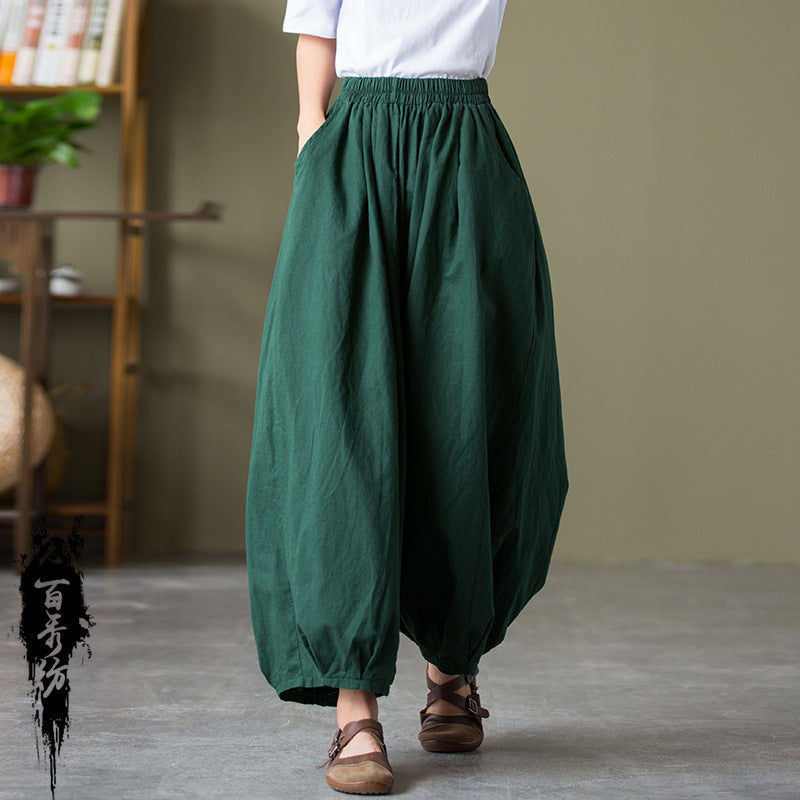 Women's Sand Washed Cotton Linen Bloomers Mid Waist Cropped Loose Pants