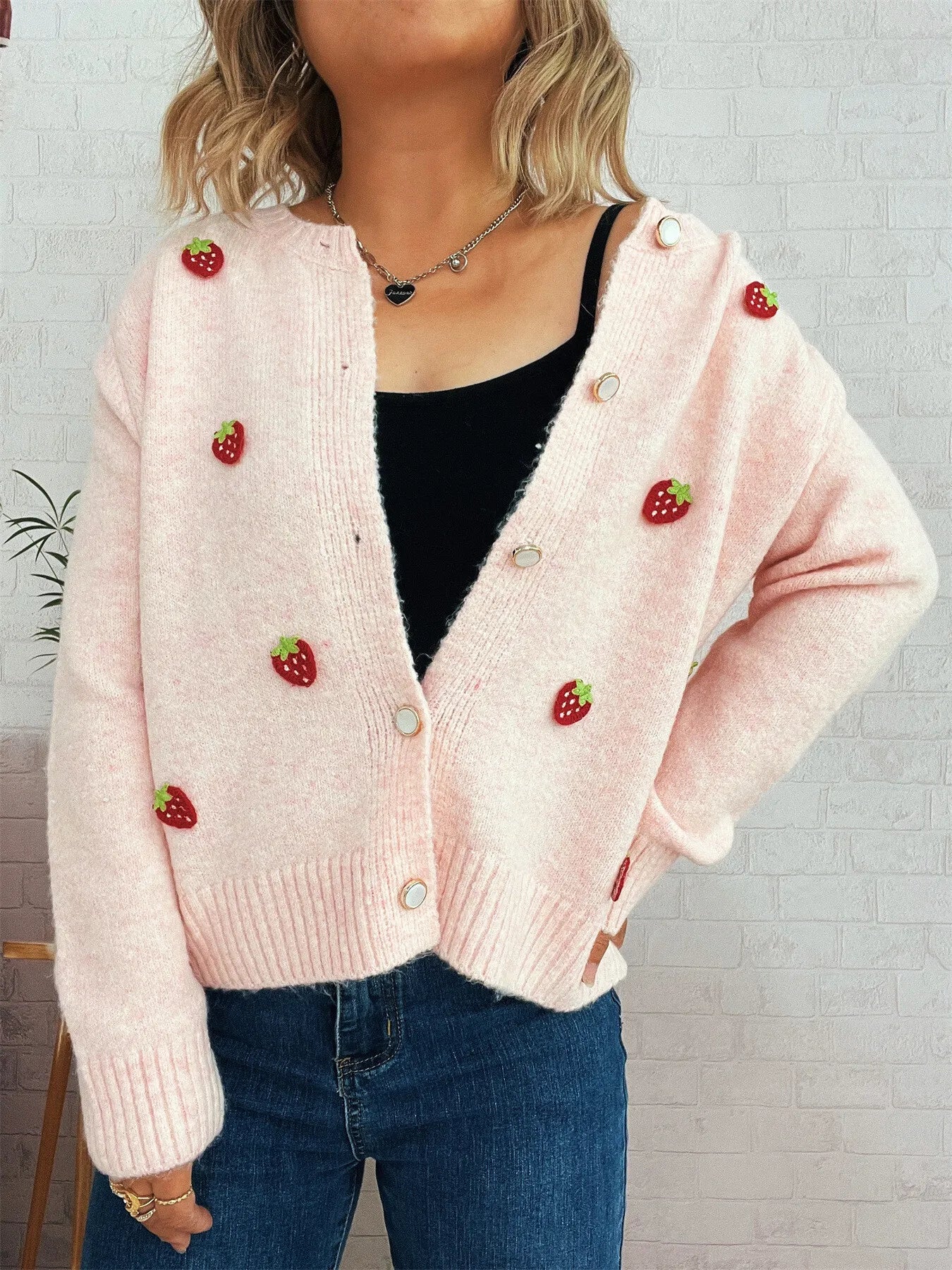 Sarah Express Women's Strawberry Button Up Long Sleeve Cardigan Pink One Size