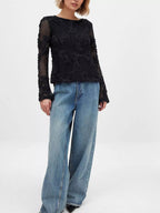 Sarah Express Women's Openwork Tied Back Long Sleeve Blouse Black