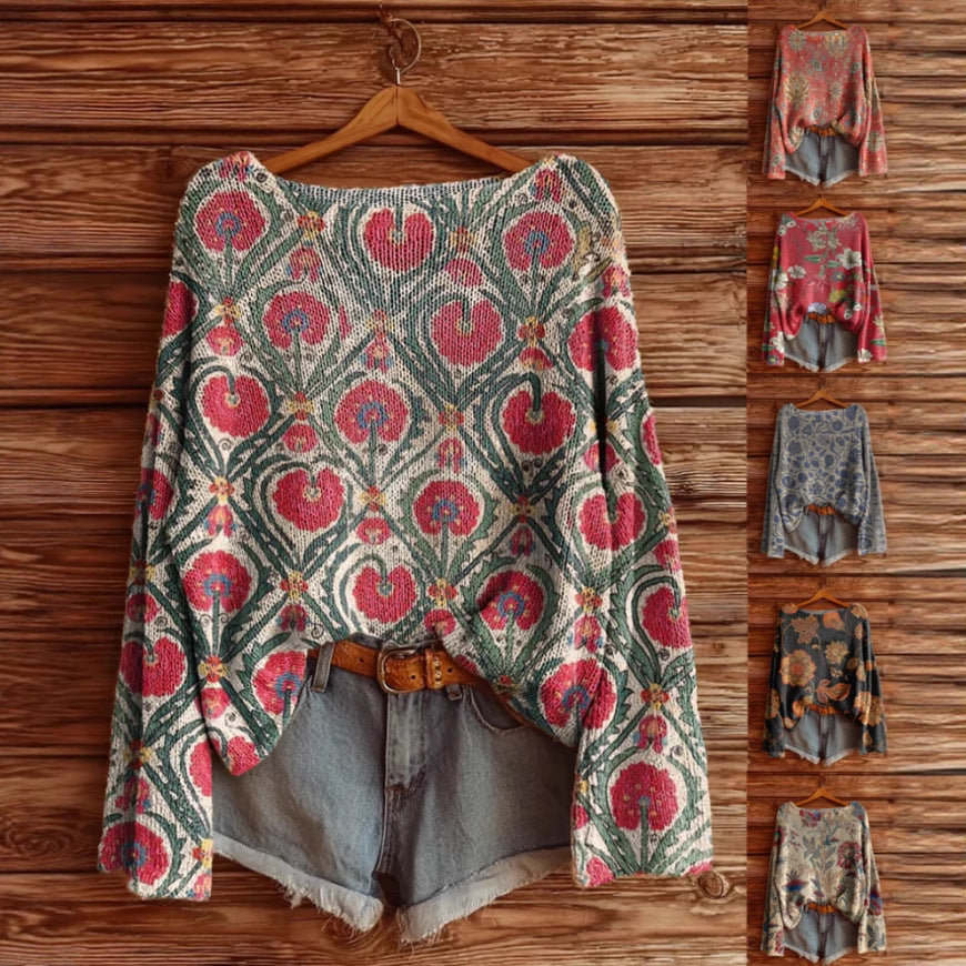 Women's Floral Printed Long Sleeve Pullover Top Brushed Loose Fit