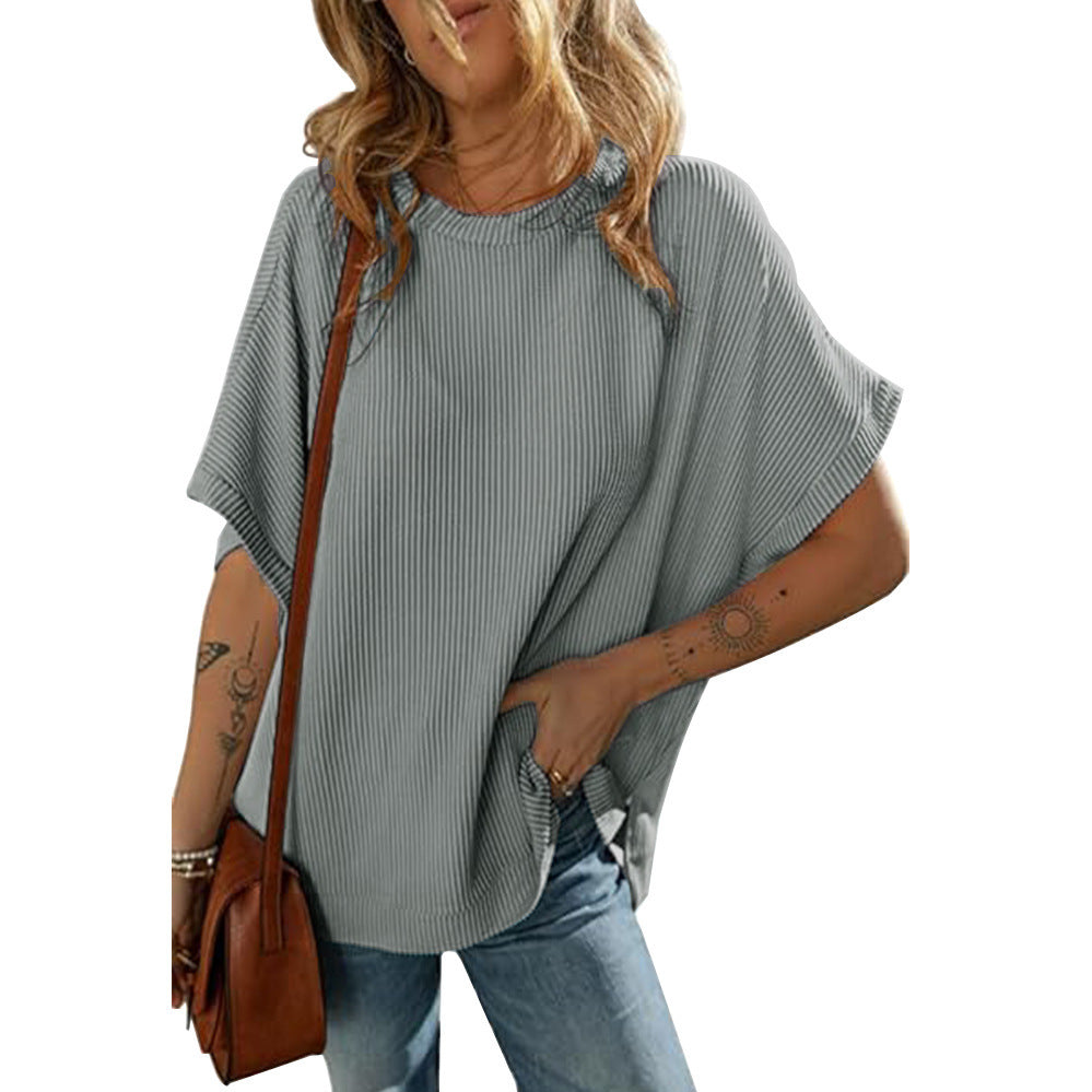 Solid Color Knitted T-Shirt Women's Half Sleeve Loose Casual Pullover Top