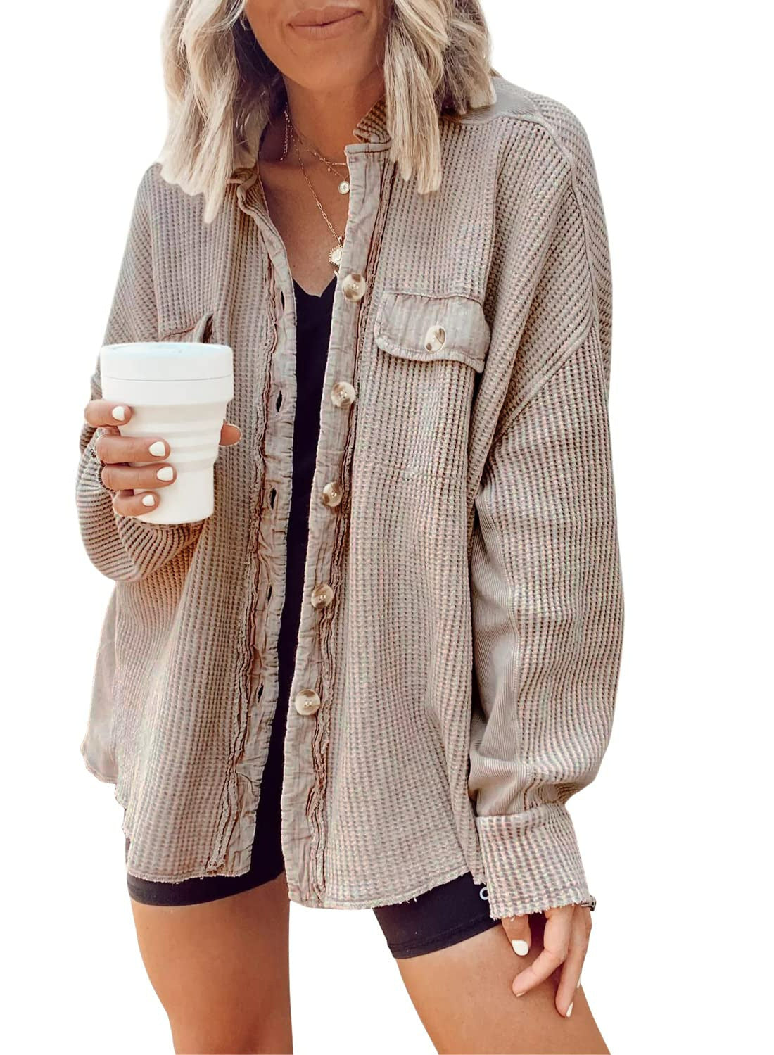 Patchwork Irregular Shirt Jacket Loose Fit Long Sleeve Acrylic Outerwear