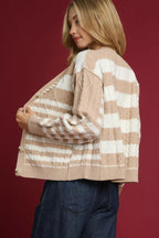 Sarah Express Women’s Stripe Cable-Knit Button-Up Cardigan Casual Fall Winter