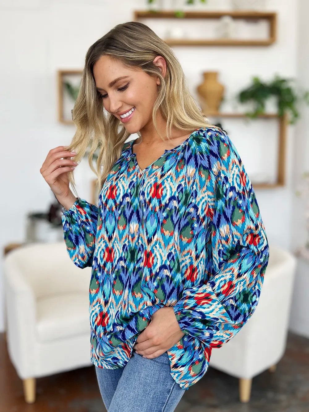 Sarah Express Women's Printed Balloon Sleeve Blouse