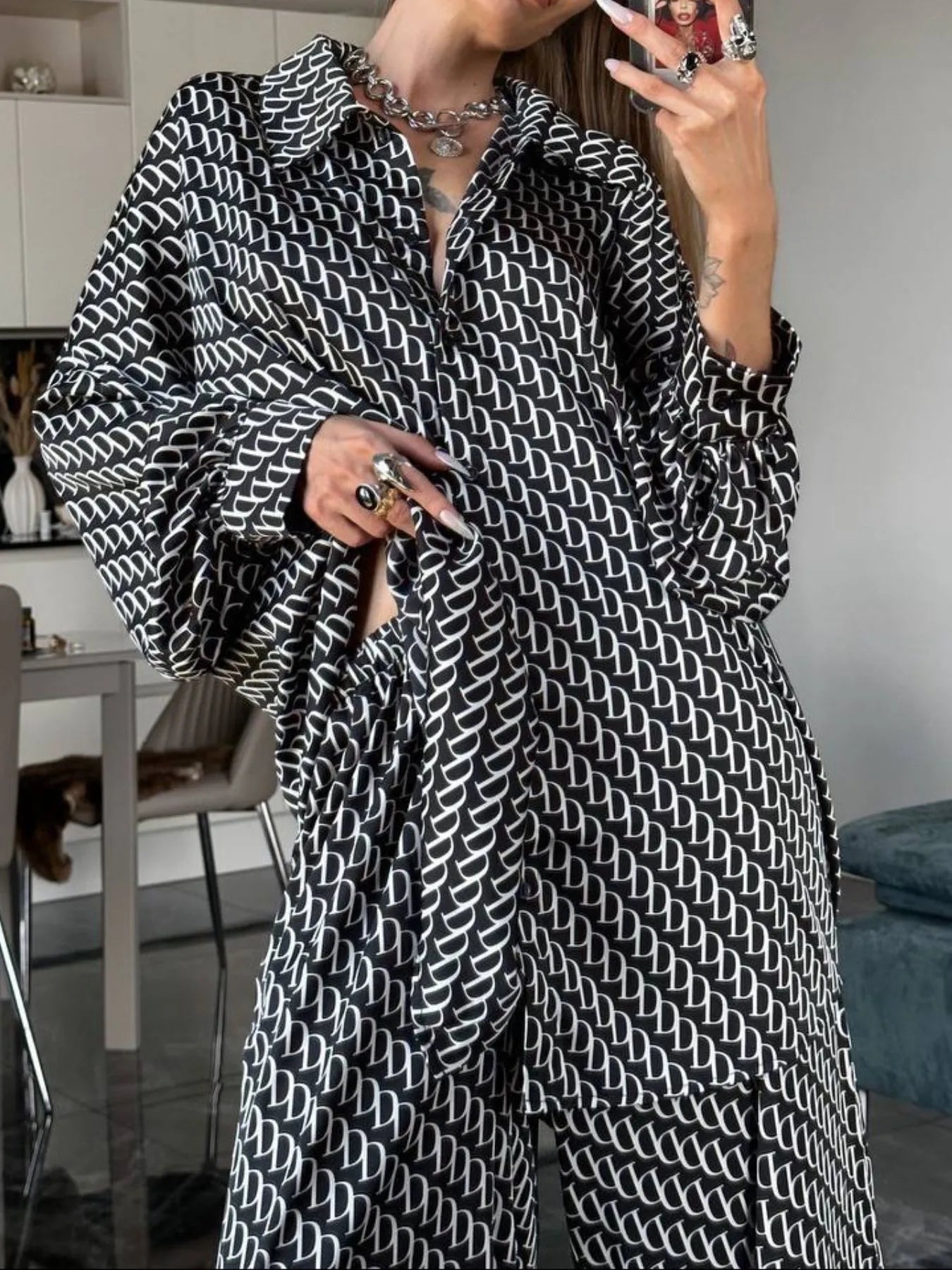 Sarah Express Women's Printed Button Up Shirt and Pants Set - Two Piece Outfit