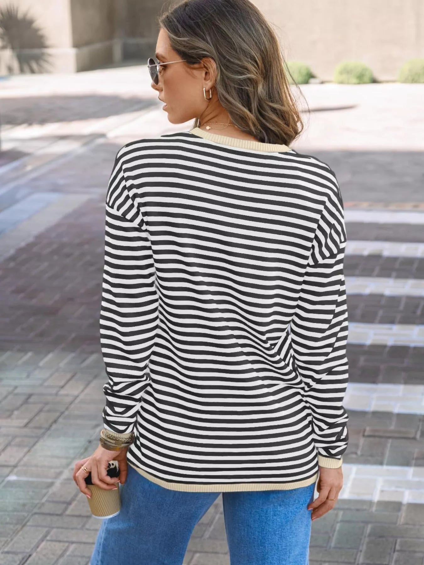 Sarah Express Women's Striped Round Neck Long Sleeve Knit Top with Pockets