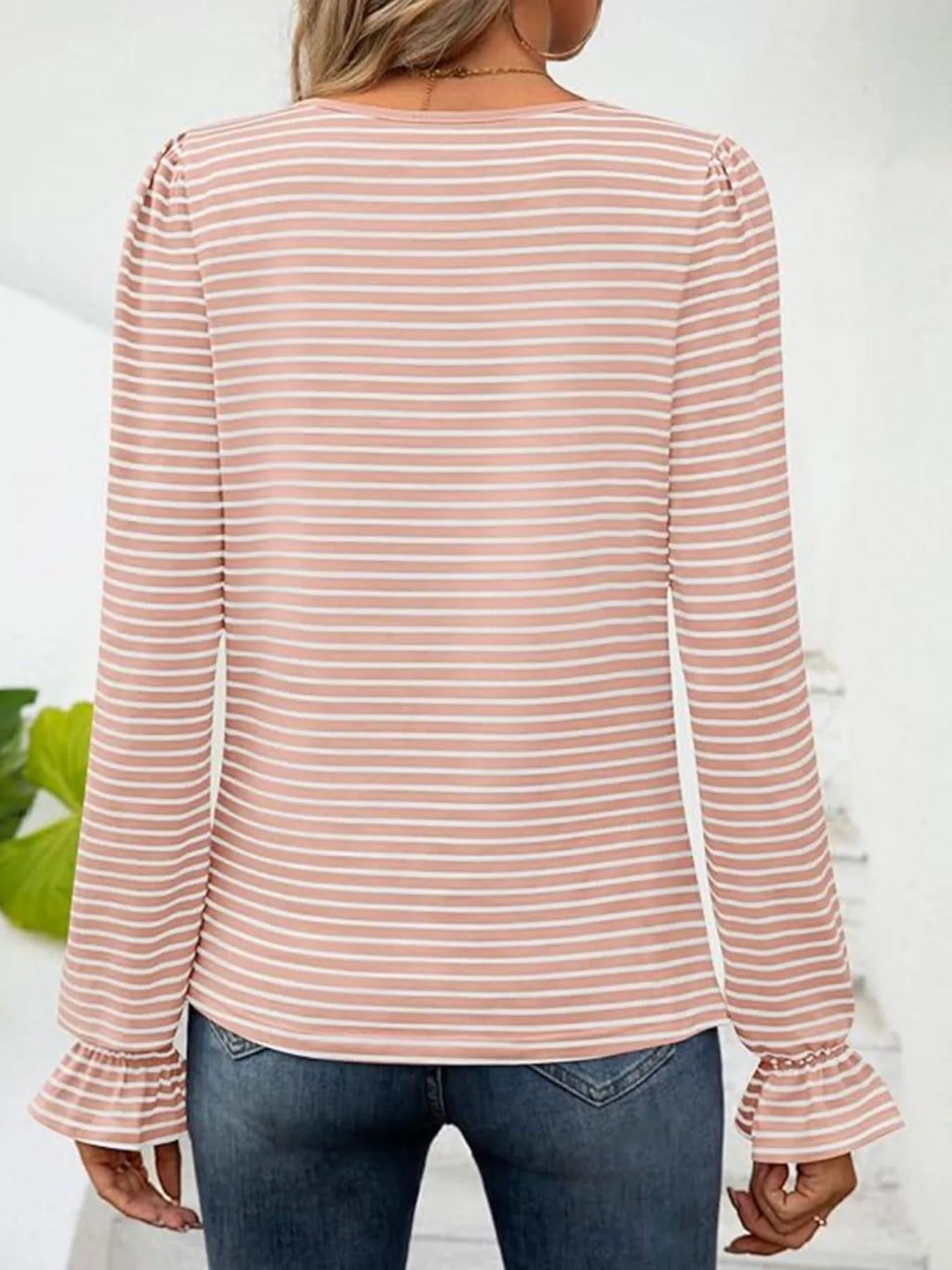 Sarah Express Women's Striped Long Sleeve T-Shirt with Square Neckline