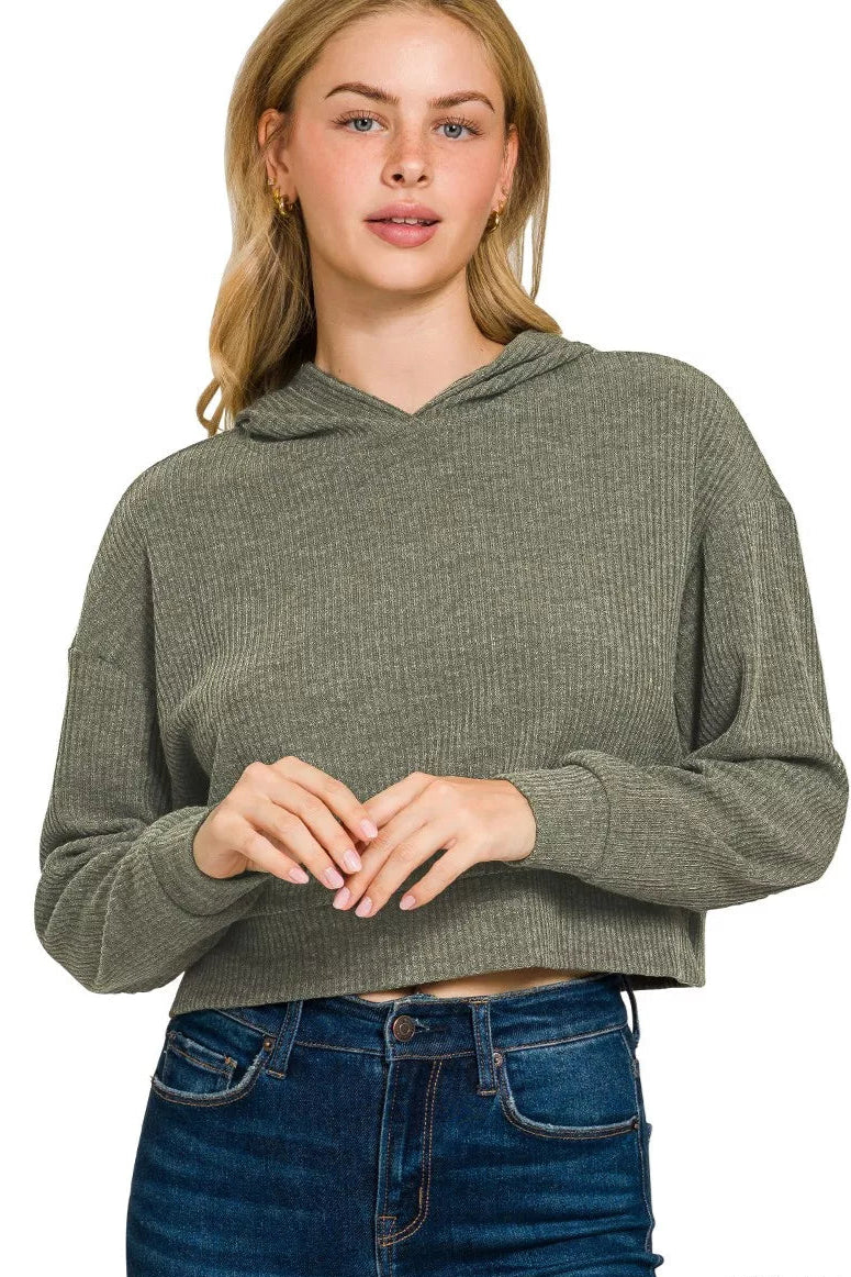Sarah Express Women’s Ribbed Drop Shoulder Cropped Hoodie Casual