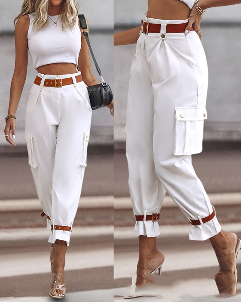 Wide Leg Trousers High Waist Contrast Belt Professional Pants