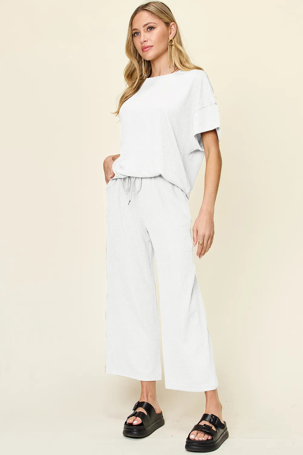 Sarah Express Women's Textured Round Neck T-Shirt and Wide Leg Pants Set White